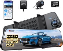 Dashcam voor auto - Zwart - 12 inch - Spiegel met 4K + 2.5K camera’s en GPS - Voor optimale beveiliging en nachtzicht