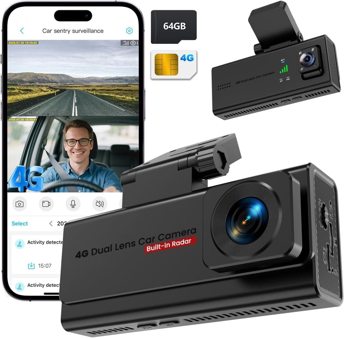 Dashcam voor auto - Zwart - 2K Voor- en 1080P Binnencamera - 64 GB Opslag met GPS en 4G Verbinding - Met Parkeerbewaking en Nachtzicht — afbeelding 1