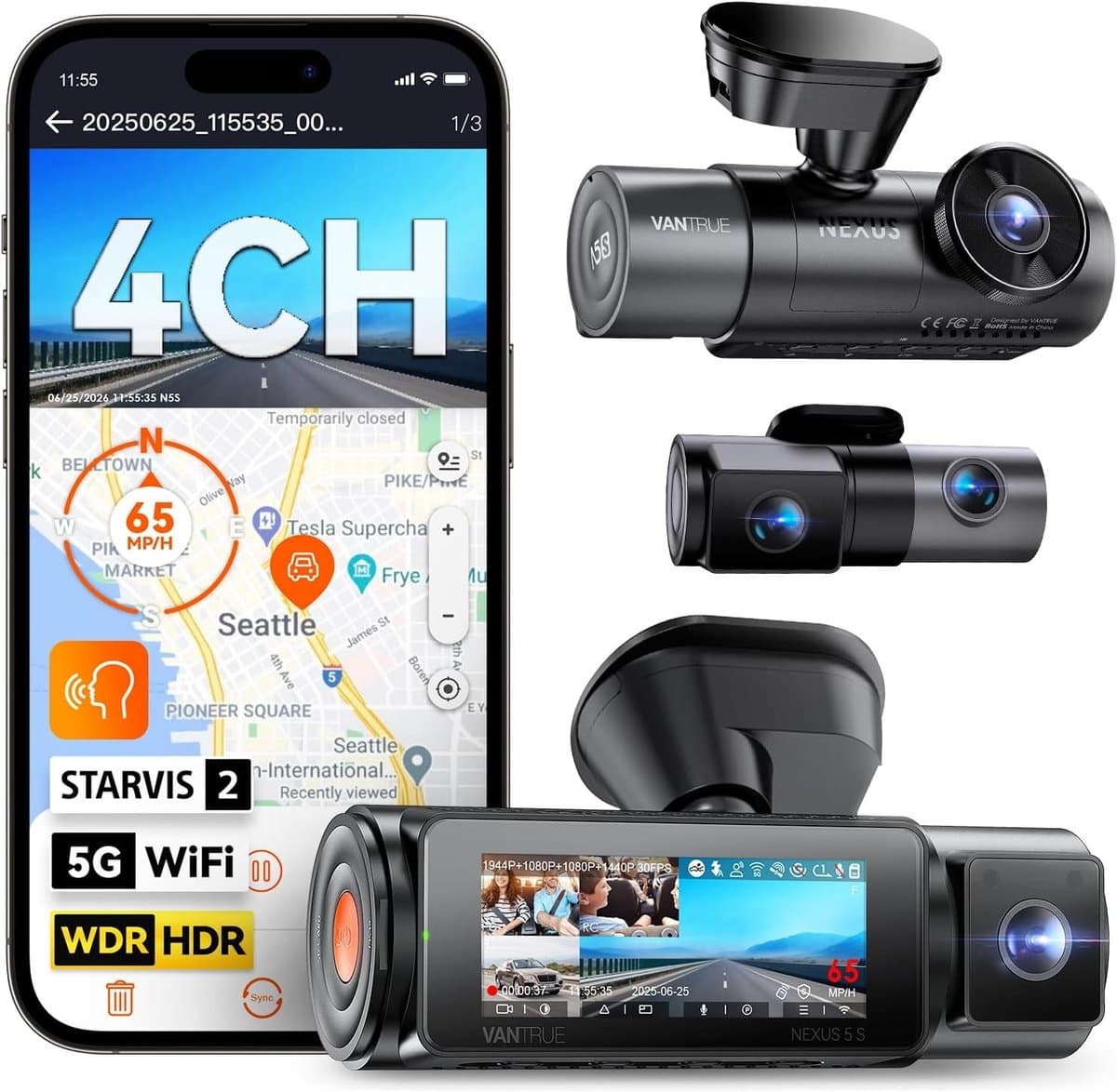 Dashcam voor auto - Zwart - 3,19 inch scherm - 4 Camera's met 2,7K HDR en Nachtzicht - Voor Binnen en Buiten gebruik — afbeelding 1