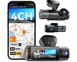 Dashcam voor auto - Zwart - 3,19 inch scherm - 4 Camera's met 2,7K HDR en Nachtzicht - Voor Binnen en Buiten gebruik