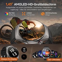 FOSMET Smartwatch Heren en Dames - AI-Gezondheidsanalyse - ECG, PPG, BMI & SpO2 - 1,43 Inch AMOLED - 1000mAh - Hartslagmeter & Bloeddrukmeting - Lichaamstemperatuur - MET-meting - 100+ Sportmodi - Fitnesstracker - 5ATM Waterdicht - 2 Bandjes - Zwart — thumbnail 3