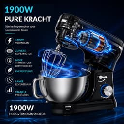 Keukenmachine 1900W - 7L RVS Mengkom - Zwart - 8 Snelheden met Pulsfunctie - Kneedmachine met Deeghaak Menghaak Garde en Spatdeksel — thumbnail 4