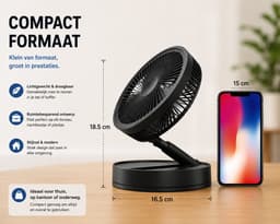 Opvouwbare Draadloze Ventilator met Afstandsbediening – Oplaadbare Staande & Tafelventilator – USB-C – Oscillerend – Verstelbare Hoogte – Stil – Zwart — thumbnail 2