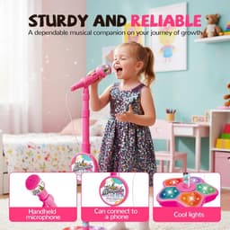Roze Karaokemicrofoon voor kinderen met verstelbare standaard – draagbare microfoon om mee te zingen, in hoogte verstelbaar, met knipperende lichtshow in de voet – voor jongens en meisjes van 3 tot 6 jaar — thumbnail 4