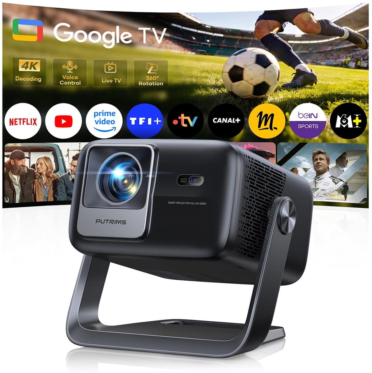 SnelShoppen - Beamer 4K Thuisbioscoop met Autofocus, 6D Trapeziumcorrectie, HDR10, WiFi, Bluetooth en Full HD 1080P voor Feest, Camping en Thuisgebrui — afbeelding 1