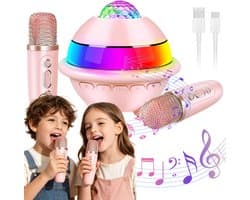 Mini Karaoke Set - Roze - Met Bluetooth Speaker, Microfoons en Discolamp - 4 Stemvervormers - Party Box - Draagbaar - voor Thuis en Feestjes - Verjaardagscadeau voor Kinderen