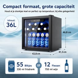 Norvia - Drankenkoelkast - Mini Koelkast - Glazen Deur - 55 Blikjes - Verstelbare Planken - Zwart - 4-16 °C - LED Verlichting — thumbnail 2