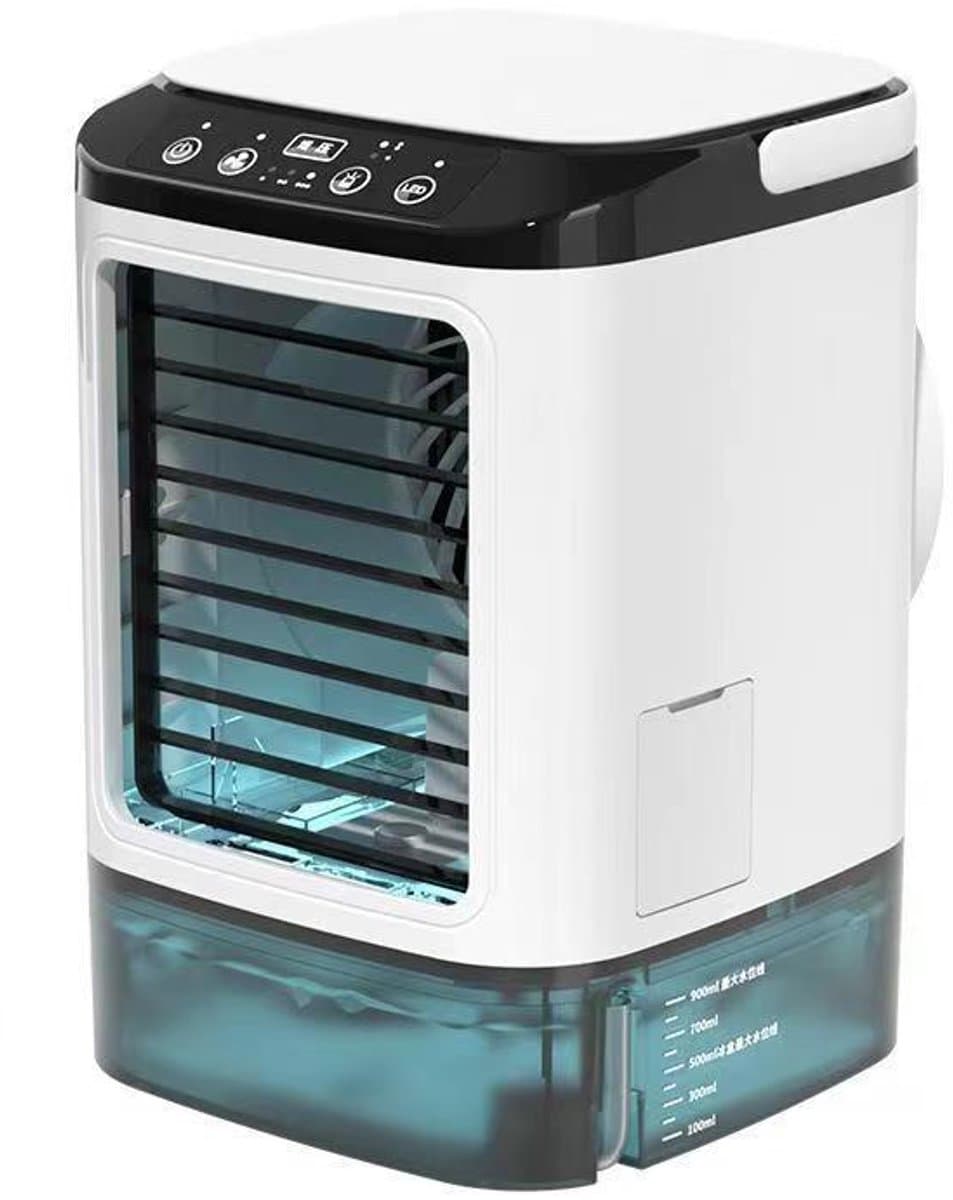 persoonlijke koeler met 2 vernevelingsstanden en verlichting in 7 kleuren, 3 snelheden en boost-modus, groot reservoir van 900 ml en ijsvak, verdampingskoeler/ventilator voor slaapkamer, kantoor, bureau en auto. — afbeelding 1
