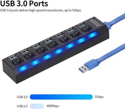 7-poorts USB HUB - USB Splitter Expander - Extra poorten creëren - Individuele AAN/UIT schakelaars - 16.5 cm - Zwart — thumbnail 2