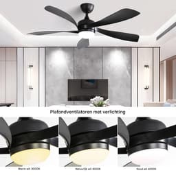 Plafondventilator 52 inch Zwart - Met 3-kleuren dimbare LED verlichting - 5 ABS bladen - Afstandsbediening - Stille DC motor - Zomer/Winter functie - Timer 1/4/9 uur — thumbnail 4
