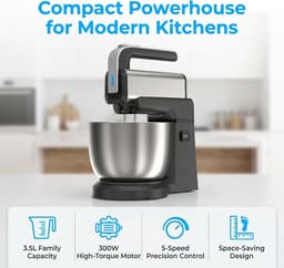 Keukenmixer Elektrisch - Handmixer Kom - Bakken Mixen - 5 Snelheden - 35 Liter Kom - Zwart — thumbnail 5