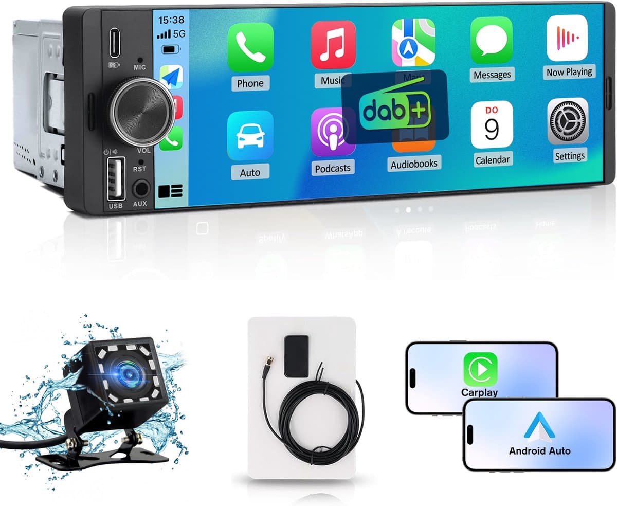 Cestovet 1DIN CARPLAY Autoradio met DAB+ - 6.36 inch scherm - met Draadloze Carplay & Android Auto DAB+ - BT 5.2 - USB/USB-C + Achteruitrijcamera — afbeelding 1
