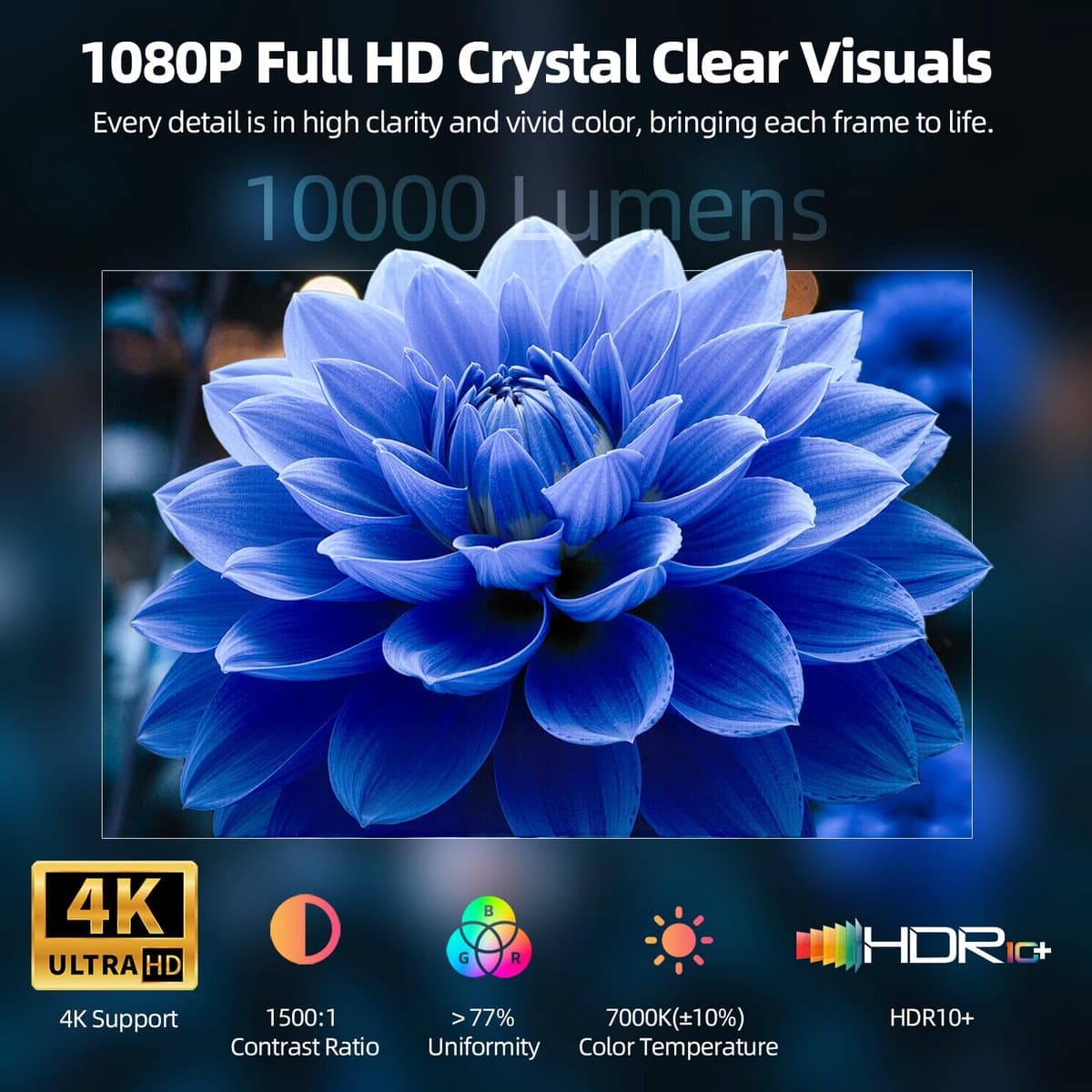 SnelShoppen - 4K Mini Beamer, Full HD 1080P Projector, Draaibaar, Autofocus, Trapeziumcorrectie, 10.000 Lumen Videobeamer voor Thuisbioscoop en Outdoo — afbeelding 1