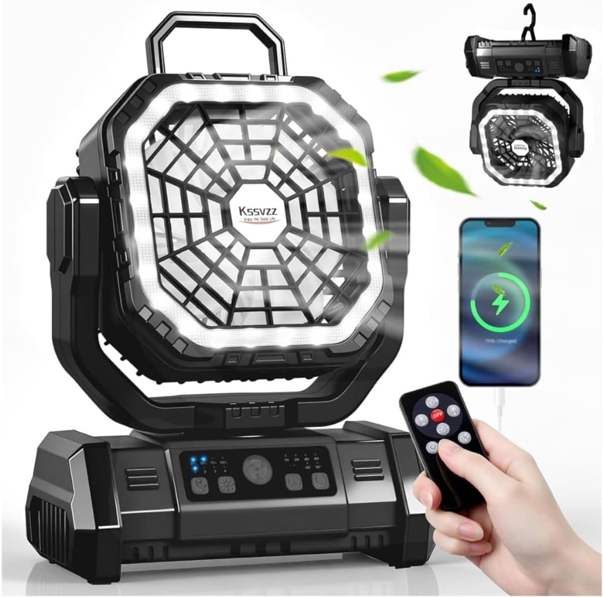 Campingventilator met LED Lantaarn 30000 mAh - Oplaadbare Tentventilator met Licht, Haak en USB - Desktopventilator voor Kamperen en Vissen - Zwart — afbeelding 1