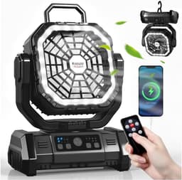 Campingventilator met LED Lantaarn 30000 mAh - Oplaadbare Tentventilator met Licht, Haak en USB - Desktopventilator voor Kamperen en Vissen - Zwart — thumbnail 1