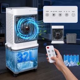 MUPOO Mobiele Aircooler 4-in-1 - Airco Zonder Afvoerslang -Luchtkoeler met Water 32L Watertank- 4 Koelelementen & Afstandsbediening - Stil 50 dB & met 120° Oscillatie - Koeling Ventilator voor Woonkamer en Slaapkamer — thumbnail 1