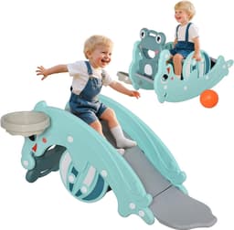 Kikkerpaard 3-in-1, 72 x 34 x 47 cm, turquoise blauw | Glijbaan, basketbalmand, 18 tot 36 maanden — thumbnail 2