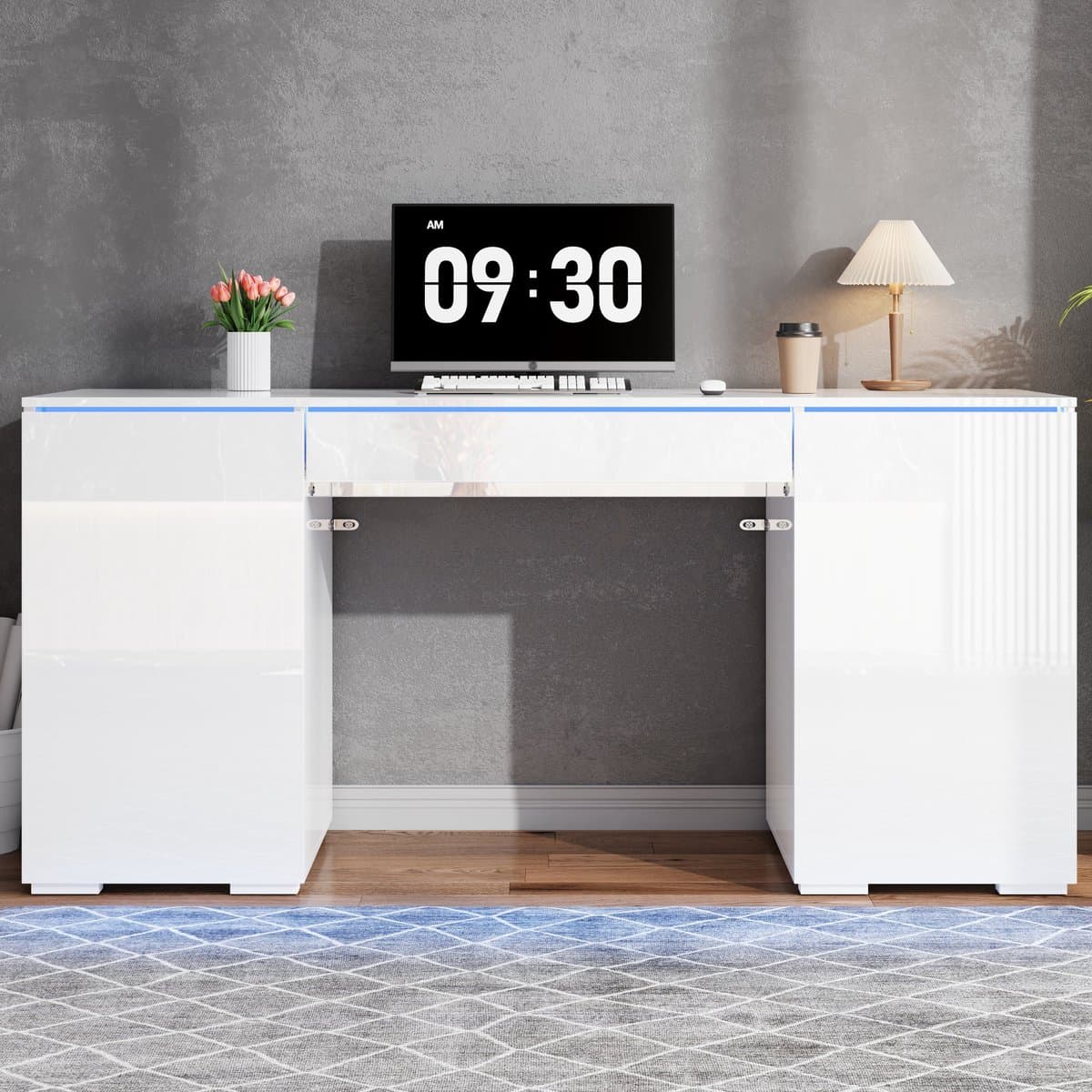 VVBV Bureau 140x50x78 cm - LED-Verlichting, Hoogglans, 2 Deuren, Opbergruimte - Wit, Spaanplaat — afbeelding 1