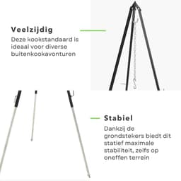 Driepoot Standaard - Stabiel Buiten Koken - 150cm - In Hoogte Verstelbaar - Camping - BBQ Statief - Tripod - Extra Sterk - Grondstekers - Metaal - Kookstatief — thumbnail 5
