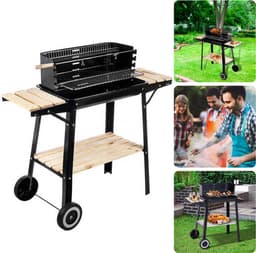 Barbecue Verrijdbaar - BBQ op Wielen - Houtskool BBQ - Buitenkeuken - 45x31cm - 6kg - Windscherm met Gleuven - 2 Wielen - Verstelbaar - Inclusief EBOOK — thumbnail 1