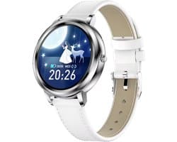 Darenci Smartwatch Classy Pro - Smartwatch dames - Smartwatch heren - Activity Tracker - Touchscreen - Lederen band - Dames - Heren - Horloge - Stappenteller - Bloeddrukmeter - Verbrande calorieën - Zuurstofmeter - Zilver - Wit - Spatwaterdicht