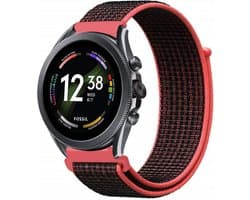 Nylon Smartwatch bandje - Geschikt voor Fossil Gen 6 - 44mm nylon band - zwart/koraal - Strap-it Horlogeband / Polsband / Armband