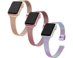 By Qubix - Geschikt voor Apple Watch bandje - 3 x Milanese slim fit bandje - Champagne goud + Rosé goud + Multicolor - Geschikt voor Apple Watch 44mm / 45mm / 46mm / 49mm (Ultra 1,2 en 3) - Smartwatch bandje - iWatch milanees - smartwatchbandje