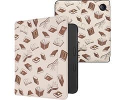 kwmobile e-reader hoesje geschikt voor Tolino Vision 6 hoes - E reader flip case met magnetische sluiting - Ereader cover - Boeken design in beige / bruin / goud