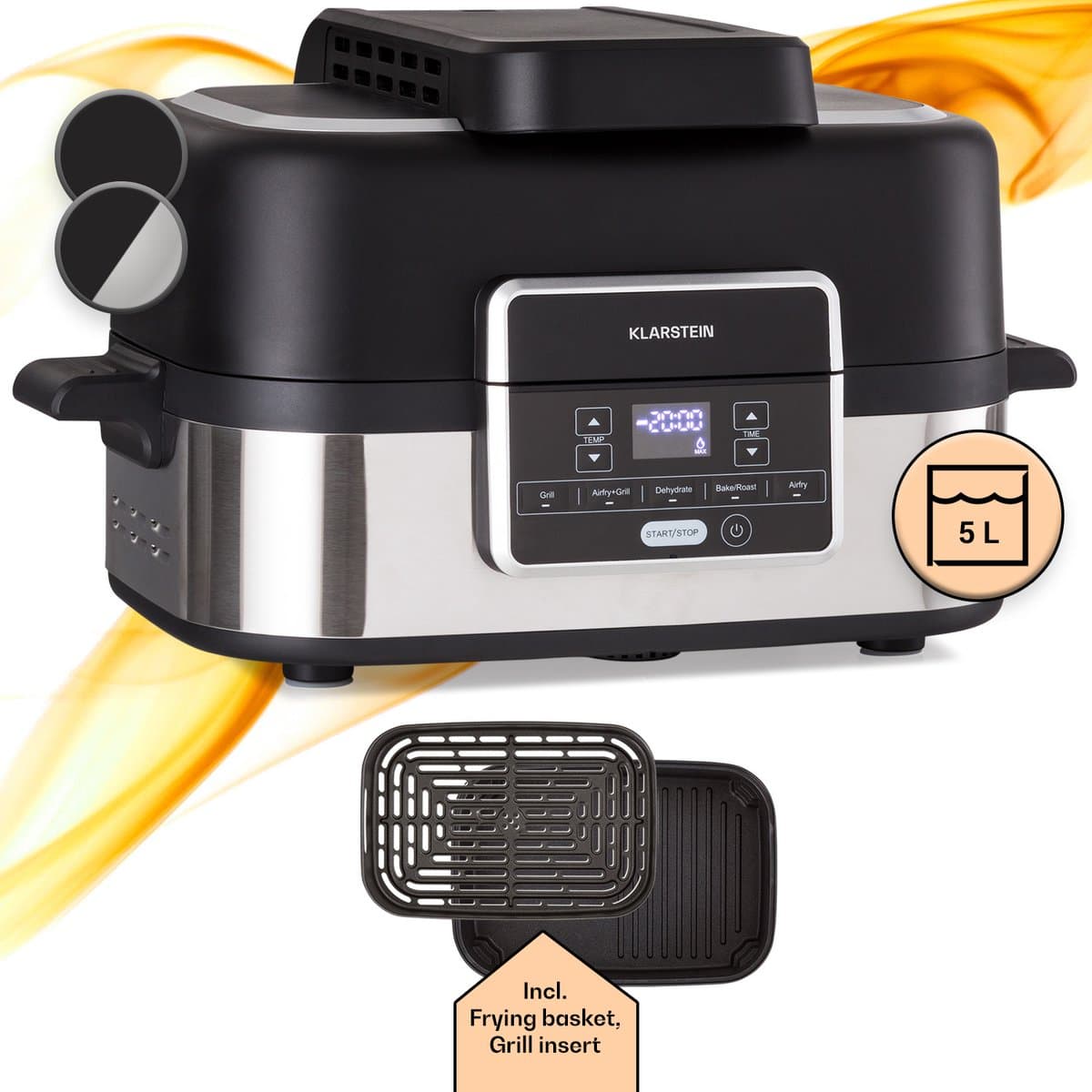 Klarstein 2-in-1 Heteluchtfriteuse met Grill, Airfryer met Snelle Opwarming 1500 W, XL Heteluchtfriteuse, Hetelucht Friteuse om te Frituren, Heteluchtfriteuse + Accessoires, Grillplaat, Frituurmand, 5 L — afbeelding 1