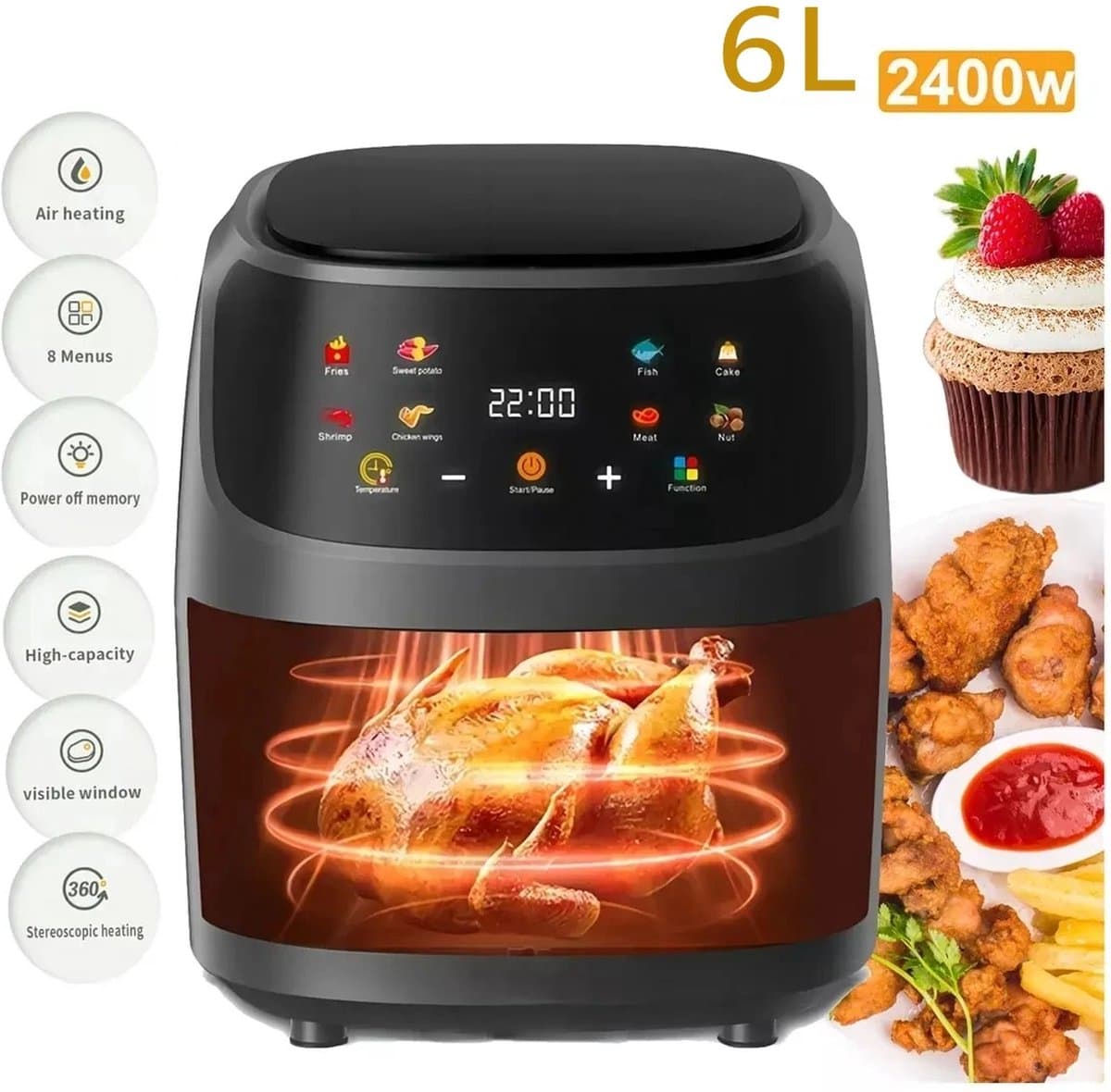 Comnox - Heteluchtfriteuse - 6L Inhoud - Airfryer - 2400W - Met LCD scherm - Zwart — afbeelding 1