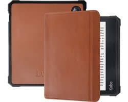 Lunso - Geschikt voor Kobo Libra 2 hoes (7 inch) - Lederen sleep cover - Cognac