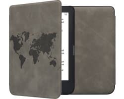 kwmobile e-reader hoesje geschikt voor Kobo Clara 2E hoes - Ereader flip case met standaard - Kunstleren e reader cover - Wereldkaart design in grijs