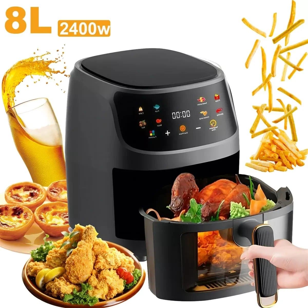 Luchtfriteuse - Met Touchscreen - Temperatuurregeling En Display - Programmeerbaar - 2400W - 8 Liter — afbeelding 1