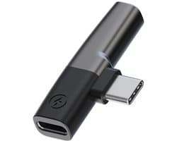 USB-C (type-c) Male naar 3.5MM jack AUX Female + USB-C female - koptelefoon speaker headset compacte adapter kabel - geschikt voor o.a. telefoon en laptop - grijs