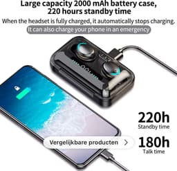 Draadloze Oordopjes Bluetooth 5.1 Hoofdtelefoon - M10 Touch Control Oordopjes Met Microfoon - Mini Powerbank 2000 mAh - Gaming Headset Sport Oordopjes - Zwart — thumbnail 3