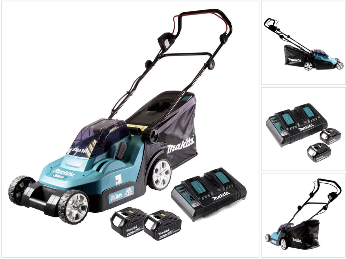 Makita DLM 382 PG2 accu grasmaaier 36 V ( 2x 18 V ) 38 cm 40 l + 2x accu 6.0 Ah + dubbele lader — afbeelding 1