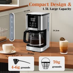 Aigostar Cora - Koffiezetapparaat - 1,5 liter - 12 kopjes - Display met timer - Filterkoffie - met Glazen Kan - 1000W - RVS/Zwart — thumbnail 5