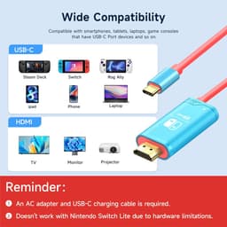 JINGDU USB type C naar HDMI-kabel voor Nintendo Switch/OLED, 3-in-1 High Speed 4K USB-C naar HDMI, ondersteunt TV/Steam Deck/laptop/pc, 2 m, rood en blauw — thumbnail 2