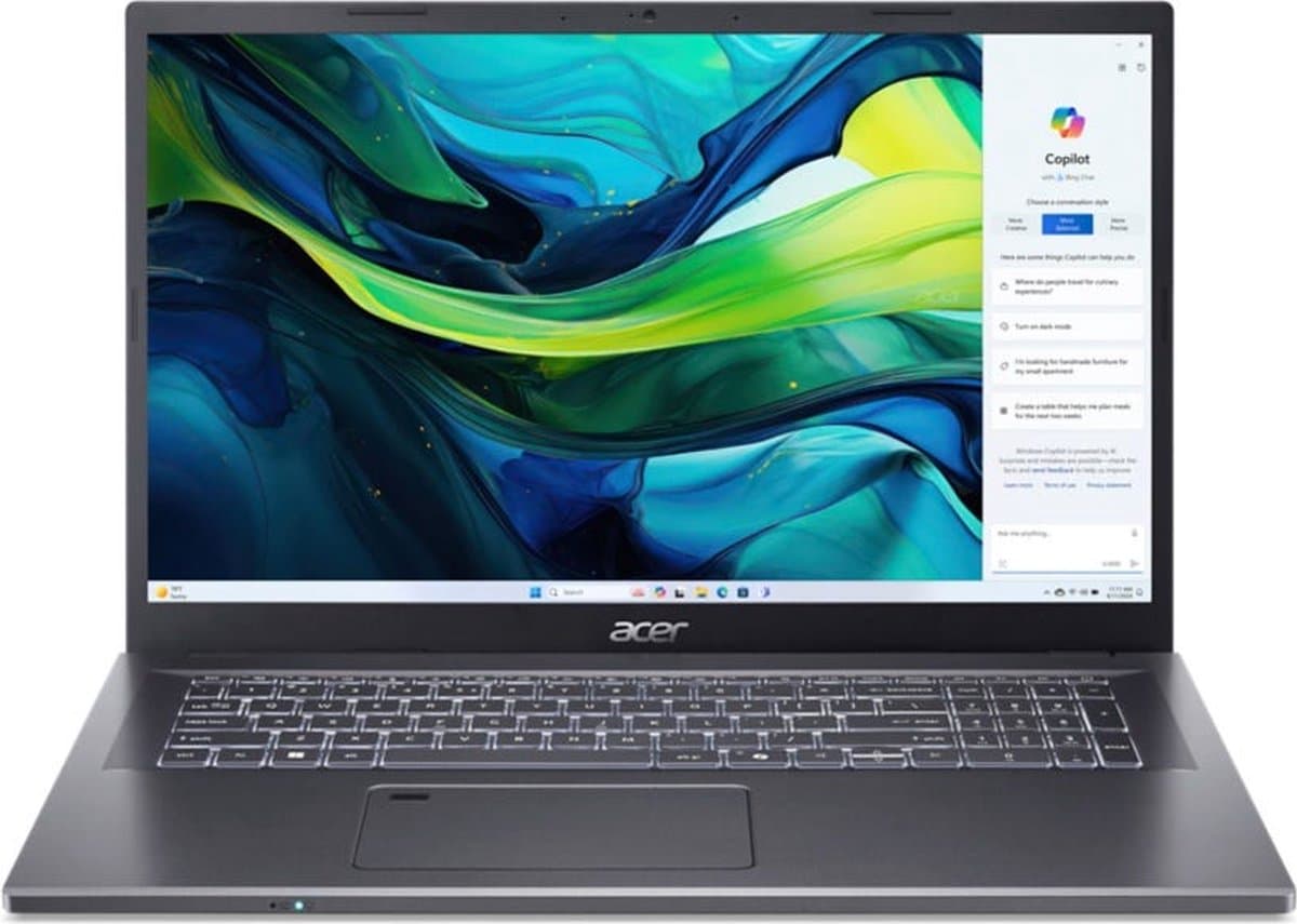 Acer Aspire NX.J1UEG.002 laptop Intel Core 7 150U 43,9 cm (17.3") Full HD 16 GB DDR4-SDRAM 1 TB SSD NVIDIA GeForce RTX 2050 Wi-Fi 6E (802.11ax) Windows 11 Home Grijs — afbeelding 1