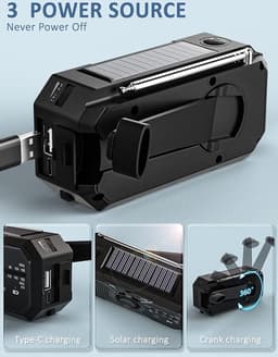 Noodradio Solar Opwindbaar - Model 2025 - Noodpakket - Solar Powerbank - Radio op Batterijen - Zaklamp - Powerbank Zonneenergie - Nood radio Opwindbaar - Zwart — thumbnail 5