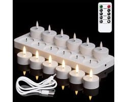 Oplaadbare Theelichtjes Met Afstandsbediening En Timer, 12 Stuks Op Batterijen Werkende 3D-lont Flikkerende Vlamloze Kaarsen Met Oplaadstation Voor Halloween-kerstdecoratie (4 X 4,7 Cm)