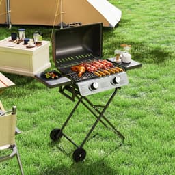 Gasbarbecue - Inklapbaar Gasbarbecue en Gasgrill - 2 Branders - Grillwagen - 5,6 kW - met Grillrooster, Wielen, Bijzettafels, Drukregelaar, Slangen, Thermometer - 101 x 50 x 102 cm - Zwart — thumbnail 4
