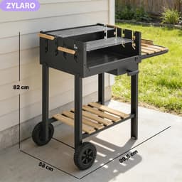 Premie Houtskool Barbecue - Smoker Barbecue - Houtskoolgrillwagen - Houtskoolgrill - met in 4 Standen Verstelbaar Grillrooster, Asbak, Wielen - BBQ voor Kamperen, Buiten, Tuin - 99,5 x 58 x 82 cm - Zwart — thumbnail 2