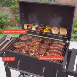 KitchenBrothers Houtskool BBQ XL - Dual Zone Smoker Barbecue - Met Verstelbare Kolenroosters & Inklapbare Zijtafels - PFAS-vrij - 42,3x75,8cm Grilloppervlak - Zwart — thumbnail 4