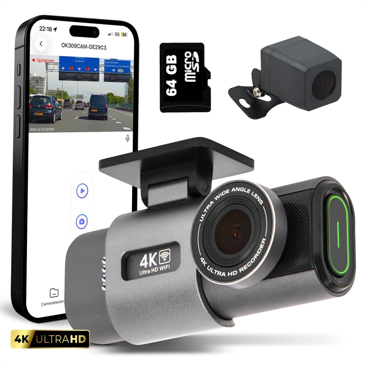 SecurLens Y PRO Dashcam 4K – Voor & Achtercamera – Dashcam Voor Auto – incl. 64GB SD kaart — afbeelding 1