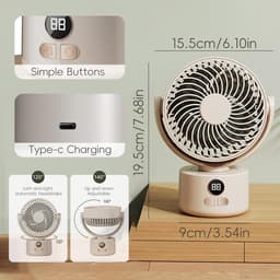 KZQ USB tafelventilator wit – 1200mAh oplaadbaar, 3 snelheden, stil (<25dB), 140° kantelbaar, 120° slingerend — thumbnail 3