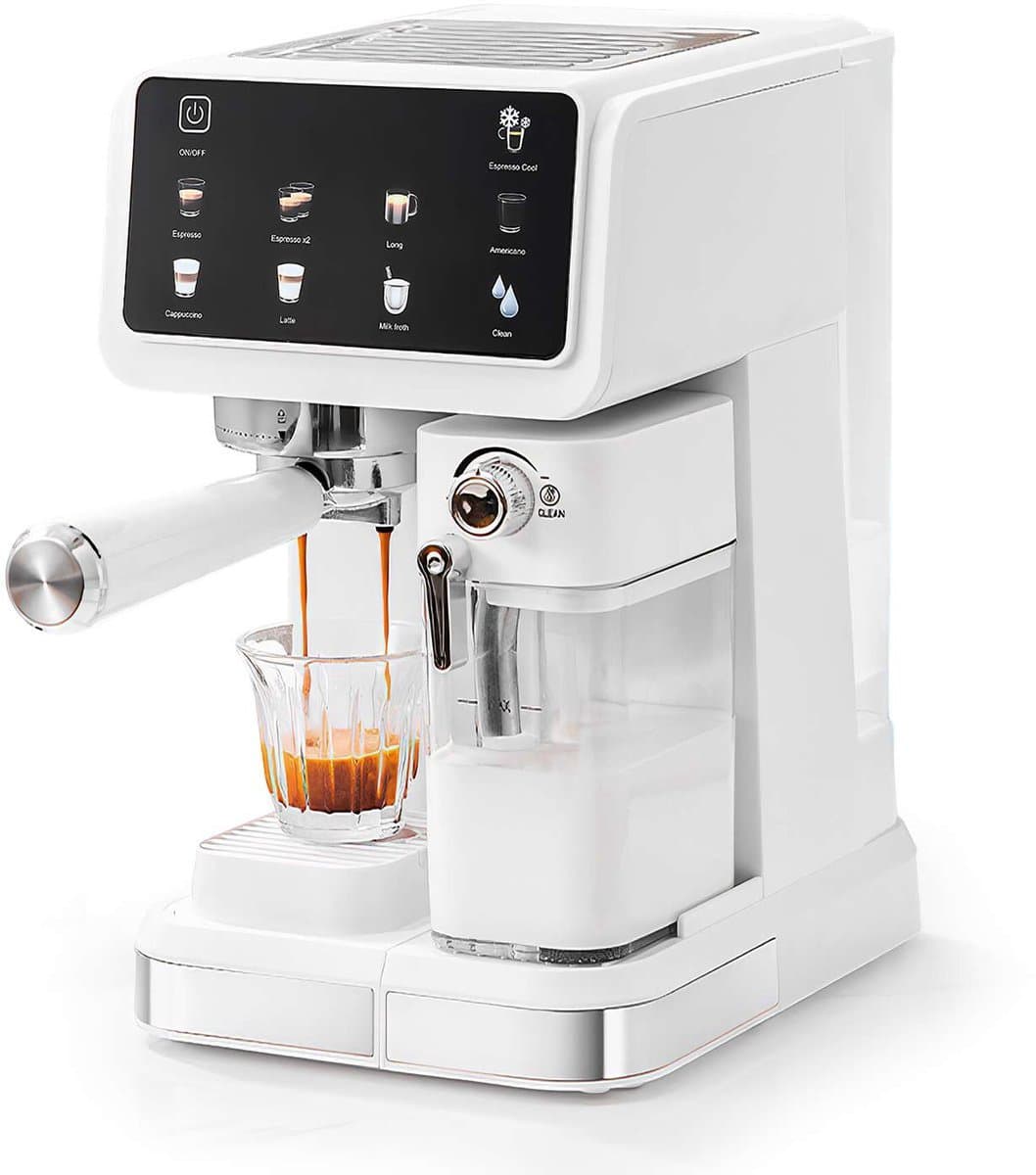 Velmio Velmio Espressomachine - 20 Bar – Koffiemachines - Met Melkopschuimer - Stoommachine - Automatische Melkopschuimer - Latte/Cappuccino/Heet Water - Zelfreinigend - Koffiezetapparaat - 1,5L Watertank - Wit — afbeelding 1