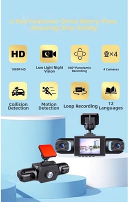 360° Full View Car Dashcam, 4K UHD Front & 1080P zij-achteruitrijcamera, met bewegingsdetectie, ondersteunt fietsopname, slimme parkeerbewakingscamera, 170 graden groothoek-dashcam (drie lenzen) — thumbnail 4