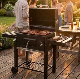 Luxoralife Houtskool BBQ- smokerbarbecue- PFAS Vrij - bbq houtskool- Verstelbaar Kolenrooster - 42x57cm Grilloppervlak - Zijpanelen - Zwart — thumbnail 4