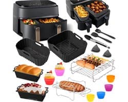 Somstyle Accessoires Set Geschikt voor Philips Dual Basket 3000 & 5000 Dubbele Airfryer - 23-Delig - Cup Cake Bakvorm - Heteluchtfriteuse Mandje - Zwart